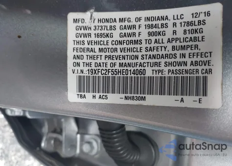 2017 Honda Civic Lx из США, поврежденный, VIN 19XFC2F55HE014060